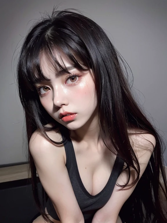 high quality、Best image quality、masterpiece、ultra hot girl , 20-year-old、Medium Bust,Wide open breast、glowing eyes, Black and red hair、Disheveled Hair、Long Hair、thin,The highest valley、gray tank top、Red short skirt、Open chest, facing front , frontal to camera , various sensual pose 
