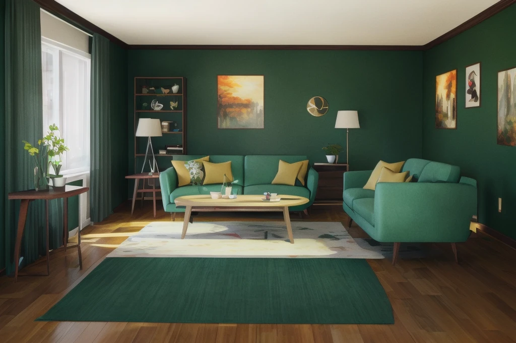 there is a woman standing in a living room with a green couch and a table, mid-century modern, mid - century modern, the living room, 7 0 s living room, mid century modern cartoon style, highly detailed render, rendered in 3 dsmax, very detailed render, fully detailed render, detailed render, highly detailed 3d render, highly detailed 3 d render