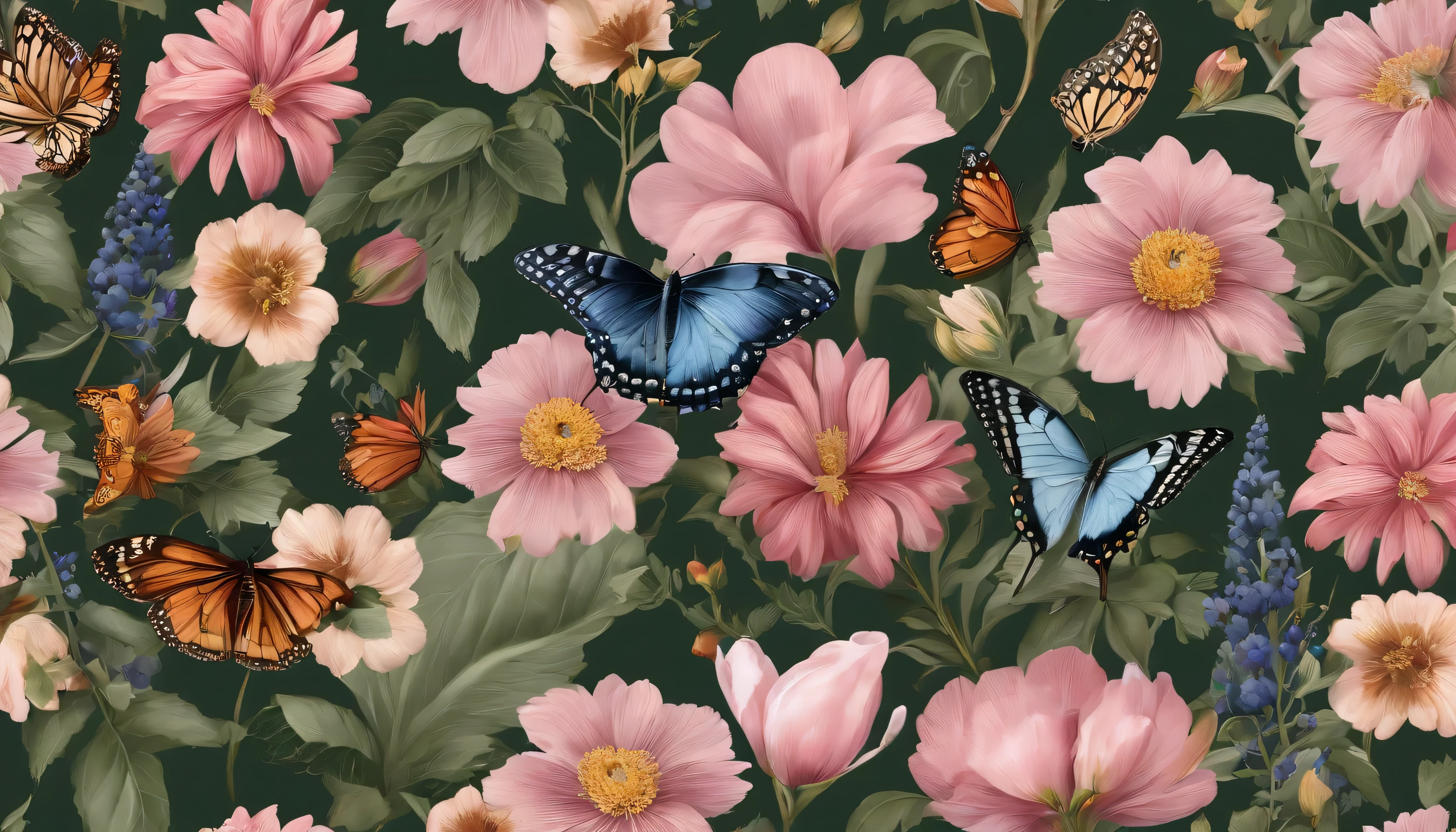 wildflowers pattern, use rich color palette. variety of diferent flower, soft pink back color, use leafs and butterfly