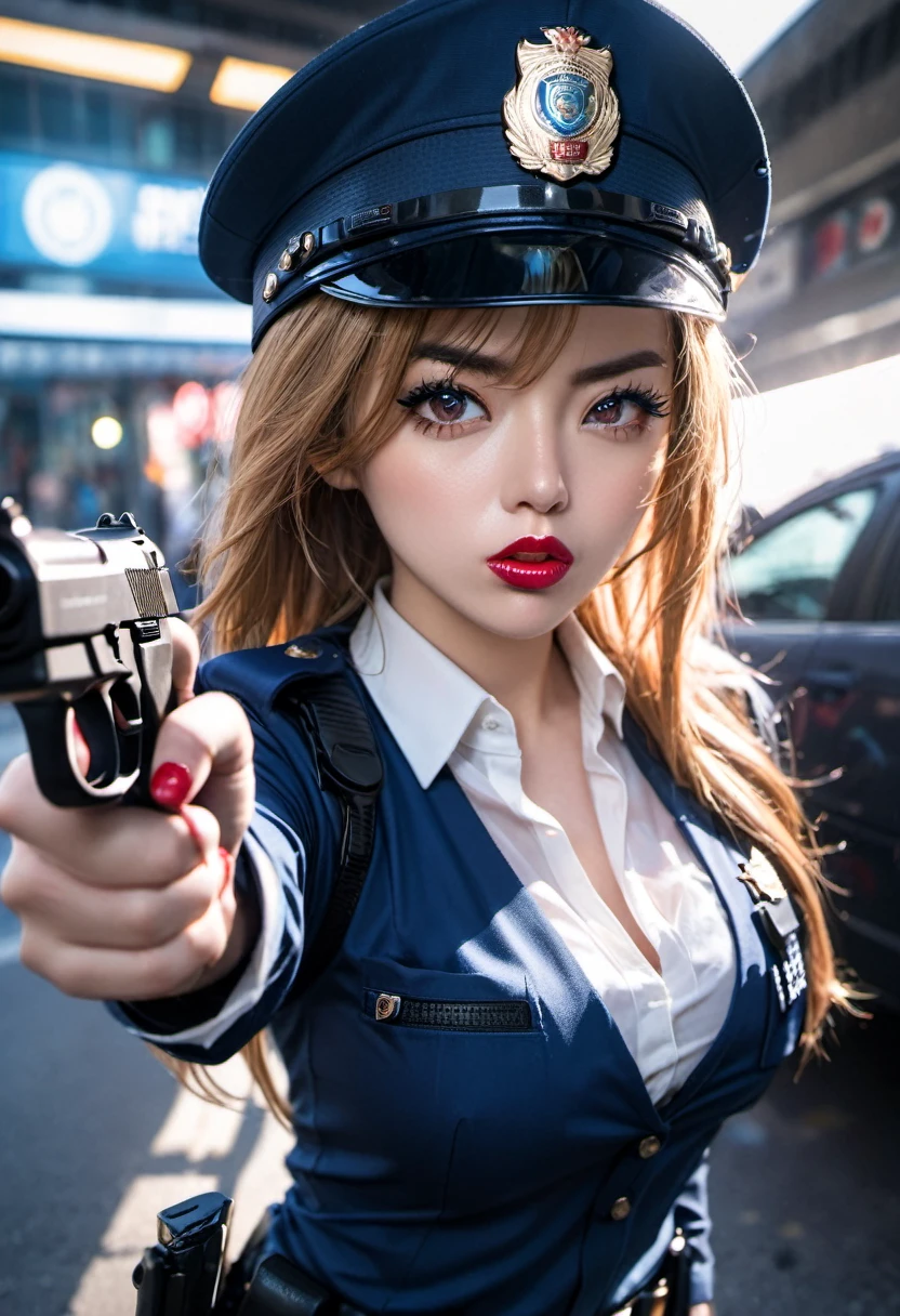 ((Female police officer pointing a gun at the camera: 1.2)), her blouse is very tight, it threatens to open her blouse, tight skirt, gun, fishnet stockings, over the knee boots, gun holster, red long fingernails, long black mascara eyelashes, eye shadow, gloss lipstick, copper blonde long hair, shiny Outfit, V-neck Blouse, in front of a police car, blue light, police cap, energetic facial expression, dynamically dangerous situation, annoyed, licking lips, lens flare, emphasis lines, Eye-Level Shot, Canon, Fujifilm, first-person view, dutch angle, wide shot, atmospheric perspective, cinematic lighting, masterpiece, retina, textured skin, high details