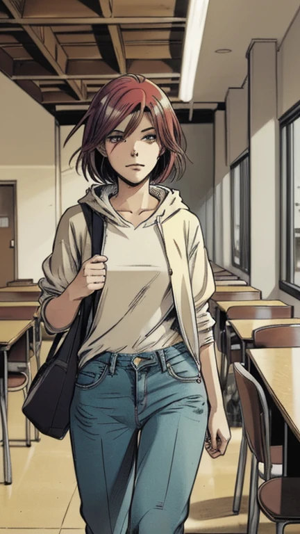 An anime comics woman head with colored hair, jeans, hoodie, college class, talk with shoolmates