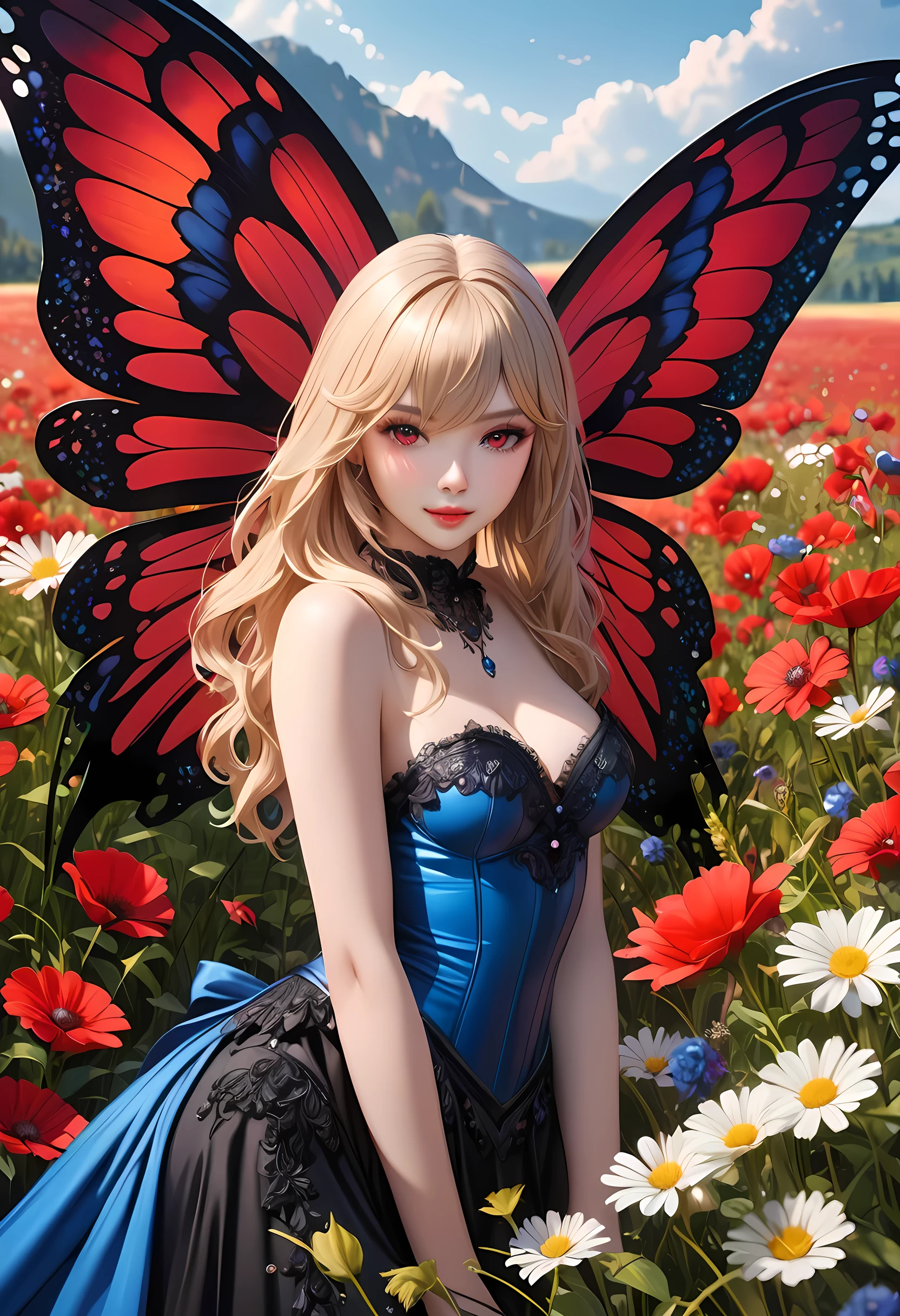 high details, best quality, 16k, RAW, [best detailed], masterpiece, best quality, (extremely detailed), full body, ultra wide shot, photorealistic, dark fantasy art, goth art, RPG art, D&D art, a picture of a dark female fairy resting in a flower meadow, extremely beautiful fairy, ultra feminine (intense details, Masterpiece, best quality), best detailed face (intense details, Masterpiece, best quality), having wide butterfly wings, spread butterfly wings (intense details, Masterpiece, best quality: 1.3), (blue: 1.5)  colors wings (intense details, Masterpiece, best quality), (blond) hair, long hair, shinning hair, flowing hair, shy smile, innocent smile, (red: 1.3) eyes, dark blue lips, wearing [azure] dress latex corset (intense details, Masterpiece, best quality), dynamic elegant shirt, chocker, wearing (blue: 1.3) high heels, in various shades of red colored flower meadow (intense details, Masterpiece, best quality), (red flowers: 1.2) , (black flowers: 1.2), (white flowers: 1.2), (blue flowers: 1.3) [extreme many flowers] (intense details, Masterpiece, best quality), dark colorful flowers (intense details, Masterpiece, best quality), flower meadow in a dark goth field background, dim light, cinematic light, High Detail, Ultra High Quality, High Resolution, 16K Resolution, Ultra HD Pictures, 3D rendering Ultra Realistic, Clear Details, Realistic Detail, Ultra High Definition, #chinese cloth, dungeons and dragons, DonMDr4g0nXL