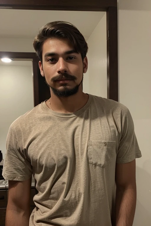 Young, 20 years old, light brown,wearing a shirt, nice looking with a beard and a mustache
