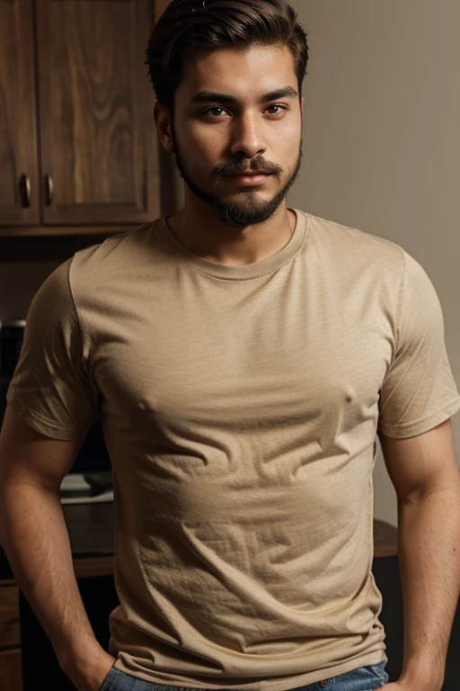 Young, 20 years old, light brown,wearing a shirt, nice looking with a beard and a mustache