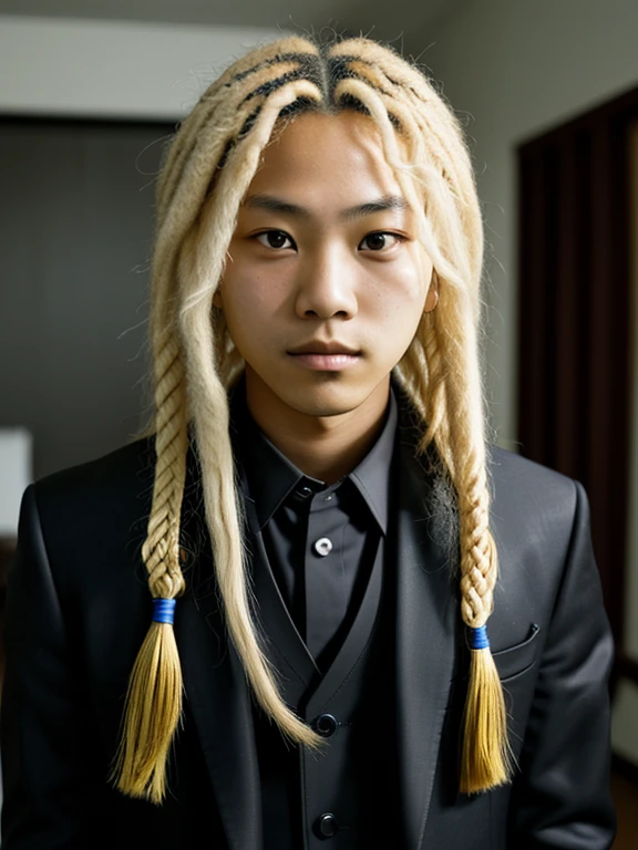 An Asian teenager with blonde dreadlocks named Kenji Furuya,And he has tanned dark skin,Wear a black suit,Adult man:1.4, Big eyes:1.2 