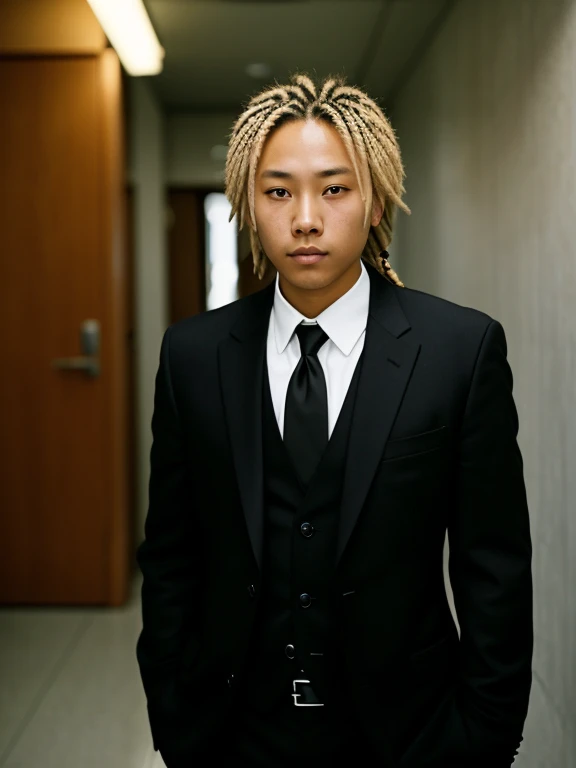 An Asian teenager with blonde dreadlocks named Kenji Furuya,And he has tanned dark skin,Wear a black suit,Adult man:1.4, Big eyes:1.2 