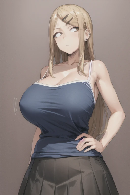 masterpiece, best quality, 1girl, sayaendo, brown eyes, long blonde hair, hairclip, ear piercing, blue camisole, skirt, looking at viewer, solo, upper body, simple background, gigantic breasts, wide hips