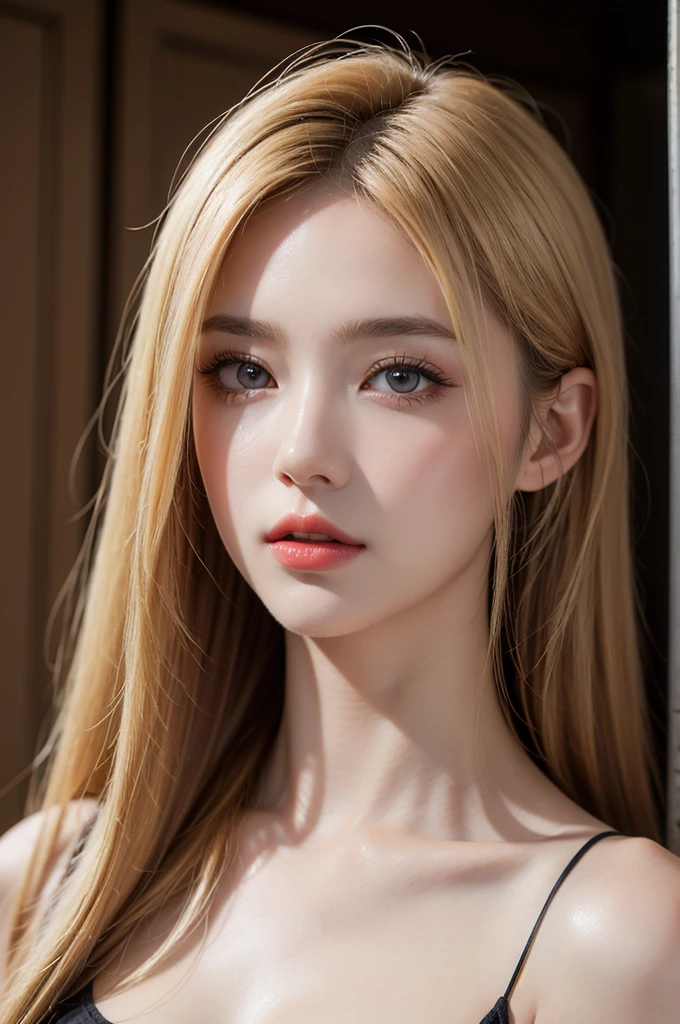 ((RAW PHOTO)) upper body shot of a youthful European woman with a perfect feminine eyes, (head up), perfect jawline, eyeliner, (eye shadow:1.1), dark red matte lipstick, (fine lip detail:1.2), very big breast, long straight hair (blonde), hair falling past her shoulders (hair over breasts), leaning against lockers in hallway, highschool setting, realistic art style, photorealistic artstyle, realistic style, realistic art style, stunning anime face portrait, photorealistic anime girl render, hyper realistic style, 8k high quality detailed photograph, realism artstyle
