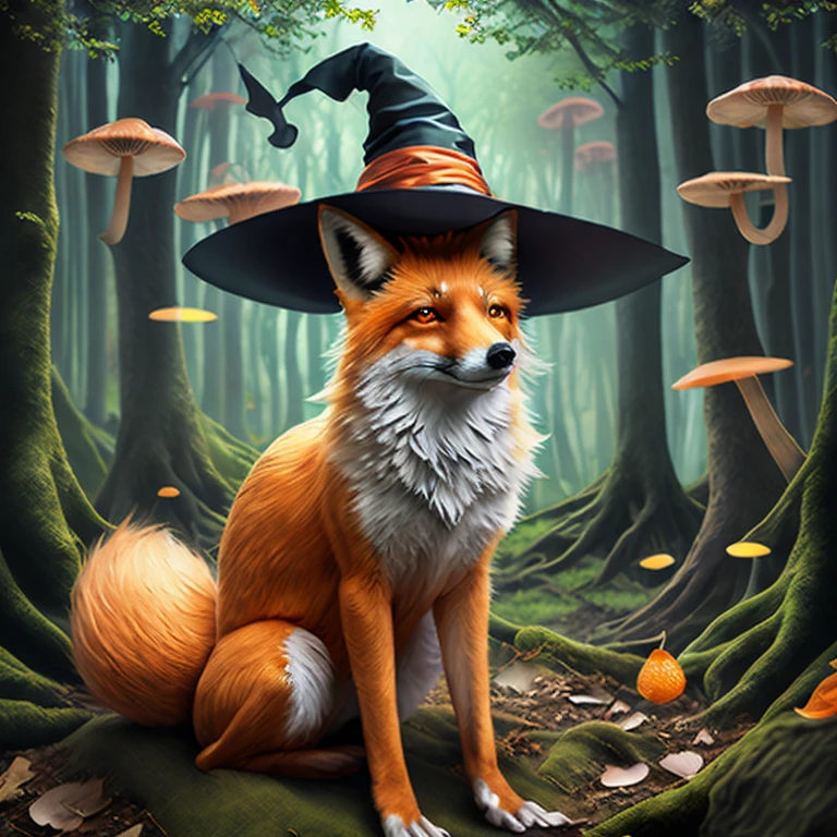Orange fox wearings a witch hat in a magical forest with mushrooms around it