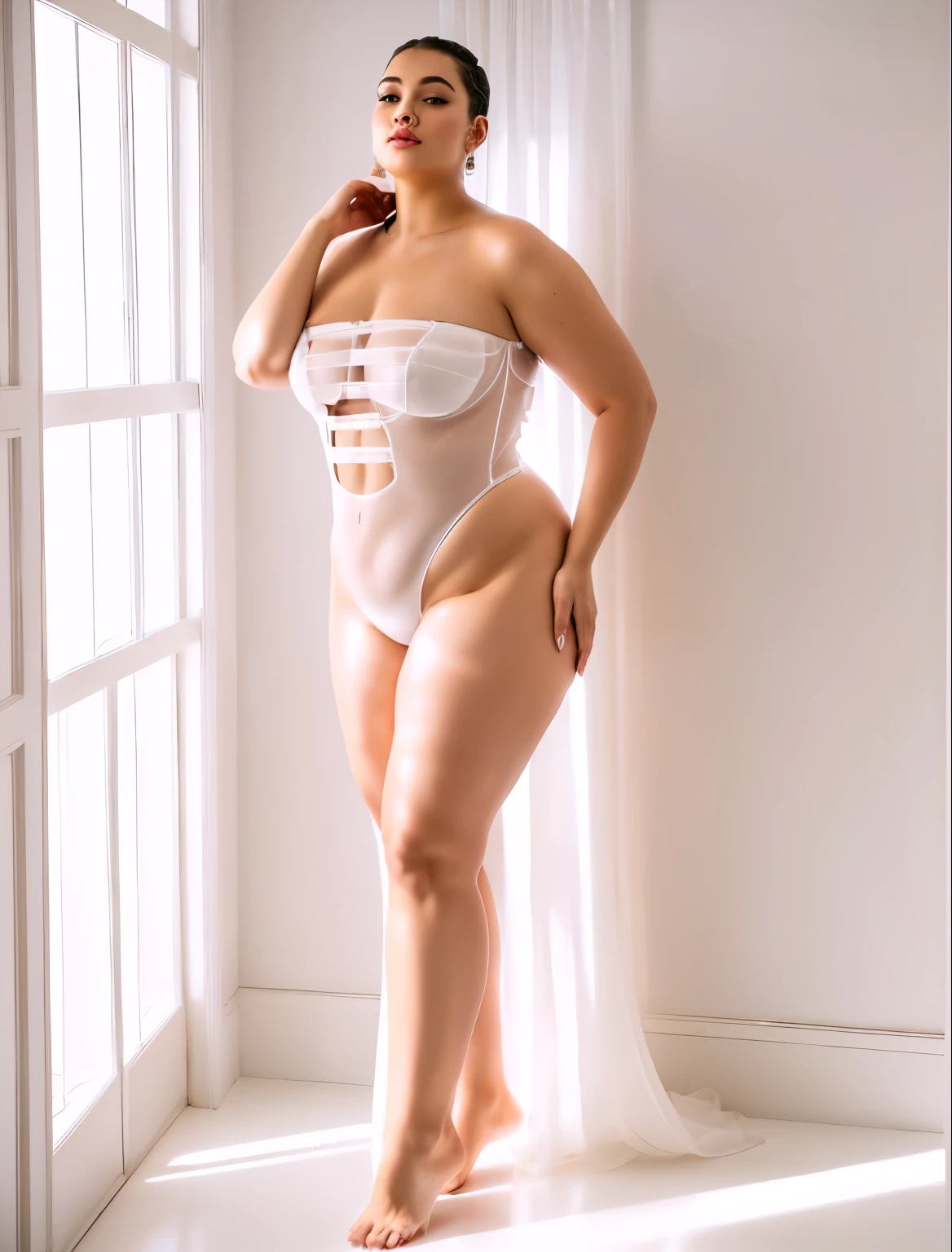 a woman in a white lingerie in chiffon transparente, roupa de banho posing for a picture, is wearing a roupa de banho, tamanho grande, mais tamanho, curvy hourglass figure, mais tamanho woman, white transparent roupa de banho, curvy figure, white transparent organza swimsuit, alluring mais tamanhod model, curved, corpo voluptuoso, corpo grosso, grosso, roupa de banho, full body photo of white transparent organza bikini