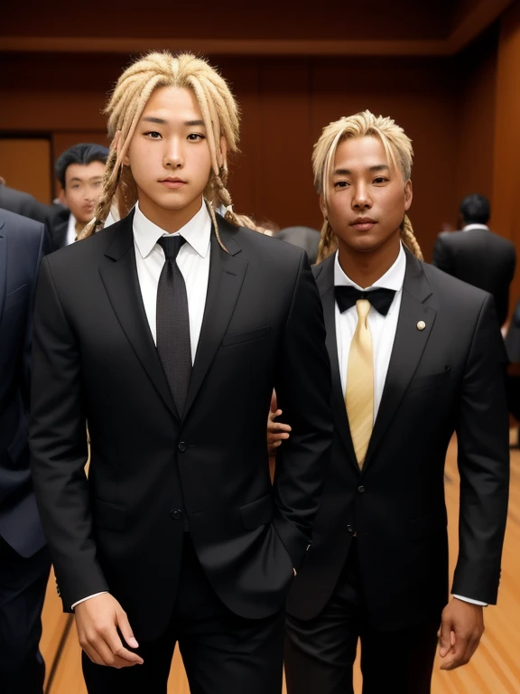 An Asian teenager with blonde dreadlocks named Kenji Furuya,And he has tanned dark skin,Wear a black suit,Adult man:1.4, Big eyes:1.2