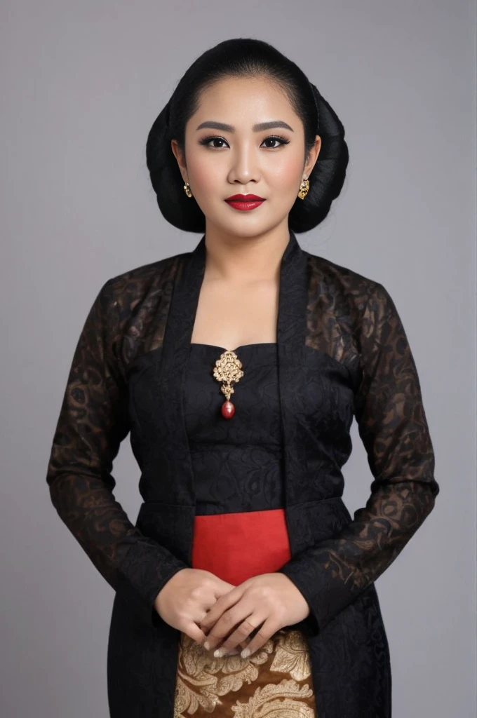 photography, chubby woman, portrait of java wedding woman in black long kebaya dress traditional, red lipstick, golden necklace, earrings, ornate, detail, flowers, street background, soft focus, Breast cleavage, detail, slim body, (((full body))), eyes on camera, face on camera, A beautiful typical Javanese woman with a slightly fat body wearing a plain black classic Javanese kebaya, a brooch in the middle of her chest (gold color) and a traditional Javanese bun, a collared obi, a brown batik sarong skirt with a unique and complicated motif, black high-heeled sandals. background standing in front of white wall.HD