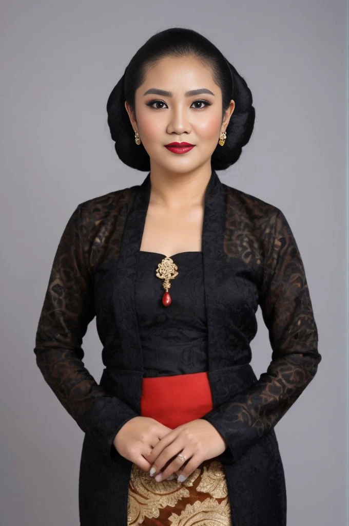 photography, chubby woman,  portrait of java wedding woman in black long kebaya dress traditional, red lipstick, golden necklace, earrings, ornate, detail, flowers, street background, soft focus, Breast cleavage, detail, slim body, (((full body))), eyes on camera, face on camera, A beautiful typical Javanese woman with a slightly fat body wearing a plain black classic Javanese kebaya, a brooch in the middle of her chest (gold color) and a traditional Javanese bun, a collared obi, a brown batik sarong skirt with a unique and complicated motif, black high-heeled sandals. background standing in front of white wall.HD