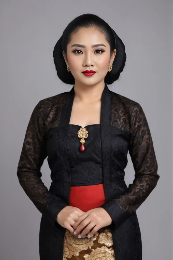 photography, chubby woman, portrait of java wedding woman in black long kebaya dress traditional, red lipstick, golden necklace, earrings, ornate, detail, flowers, street background, soft focus, Breast cleavage, detail, slim body, (((full body))), eyes on camera, face on camera, A beautiful typical Javanese woman with a slightly fat body wearing a plain black classic Javanese kebaya, a brooch in the middle of her chest (gold color) and a traditional Javanese bun, a collared obi, a brown batik sarong skirt with a unique and complicated motif, black high-heeled sandals. background standing in front of white wall.HD