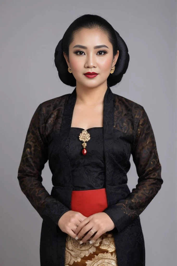 photography, chubby woman, portrait of java wedding woman in black long kebaya dress traditional, red lipstick, golden necklace, earrings, ornate, detail, flowers, street background, soft focus, Breast cleavage, detail, slim body, (((full body))), eyes on camera, face on camera, A beautiful typical Javanese woman with a slightly fat body wearing a plain black classic Javanese kebaya, a brooch in the middle of her chest (gold color) and a traditional Javanese bun, a collared obi, a brown batik sarong skirt with a unique and complicated motif, black high-heeled sandals. background standing in front of white wall.HD
