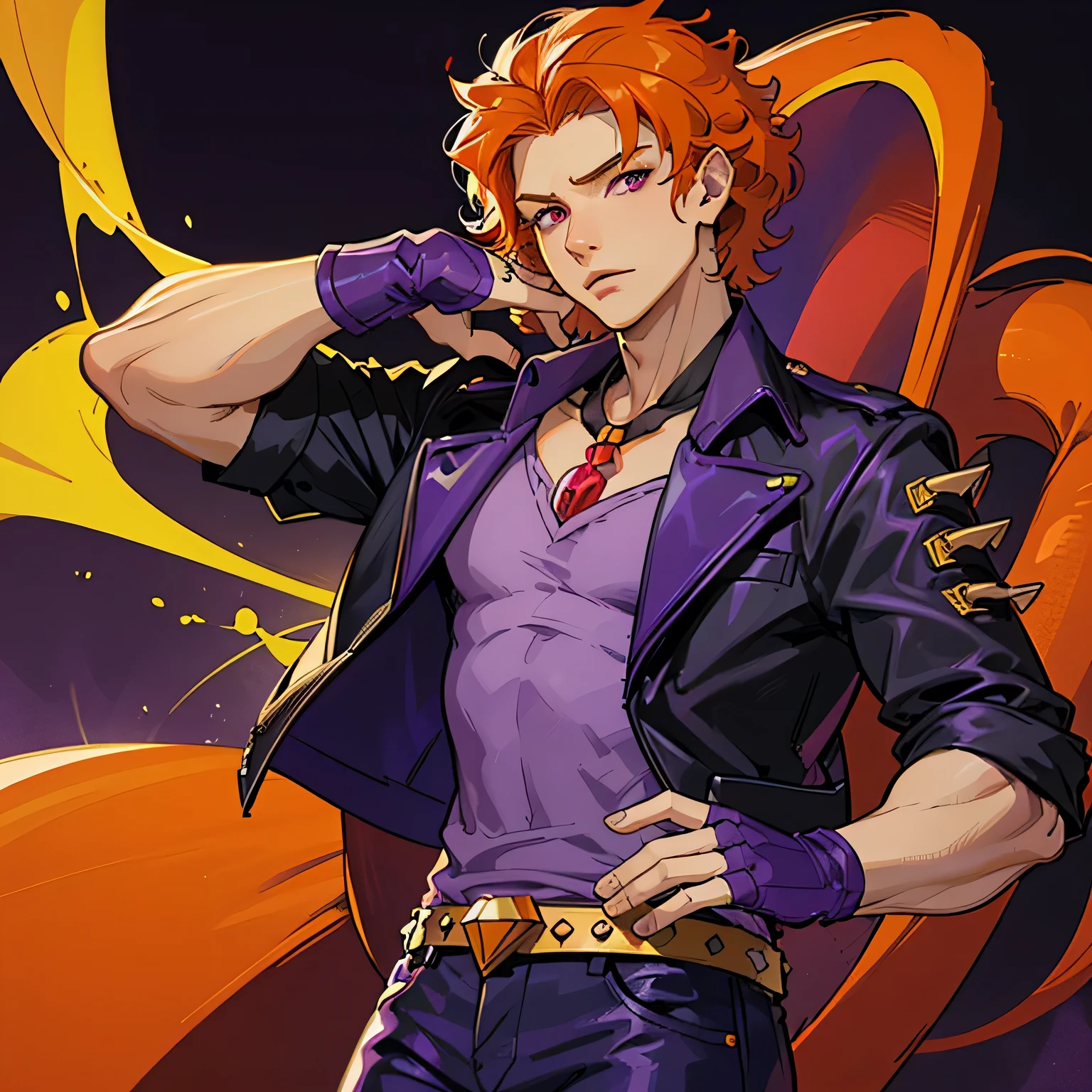 1boy, muscular body, short hair, curly hair, orange hair, magenta eyes, dark purple jacket, purple shirt, purple jeans, spikes, fingerless gloves, belt, jewelry, necklace, red pendant 