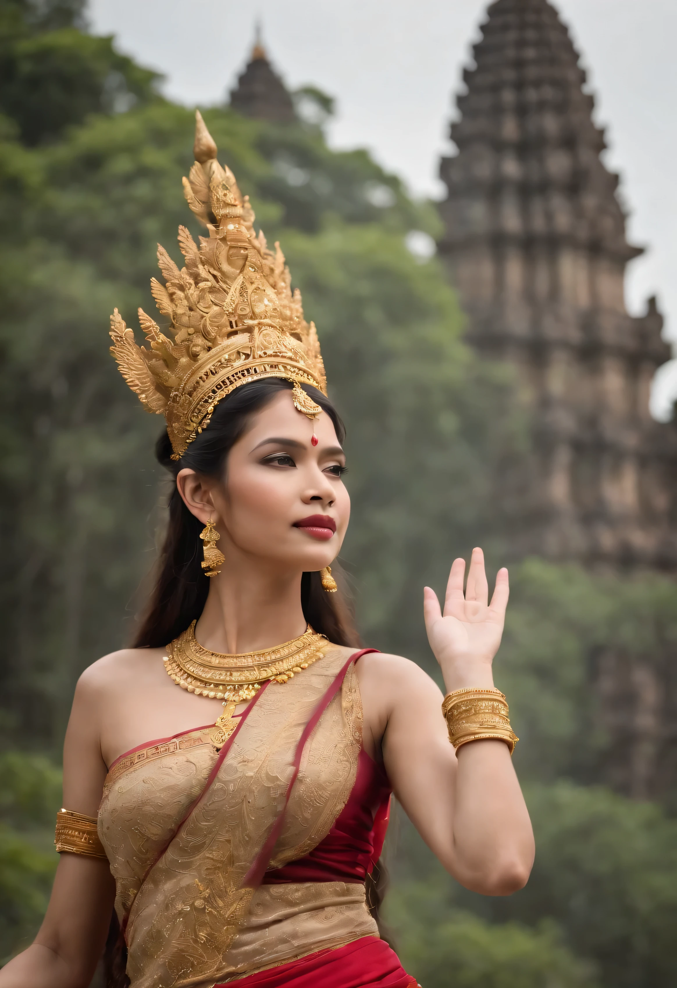 Show ancient Cambodian dance , gestures Apsara wears a red and gold dress. There are gold jewelry and gems that are showing the ancient Cambodian dance. The scene is a stone castle.hyper realistic photography . 16K , Hyper detail,the backdrop of the ancient Angkor Wat temple surrounded by lush greenery:Her supple form adorned in gossamer red A vision of entrancing feminine grace Ornate gold accents crown her regal head Apsara goddess from a mystic place Undulating with ethereal elegance She glides across this hallowed monument
Ngkor's sandstone rises - ancient permanence
Her dance transcends the mortal element Behind her towering spires reach sky's embrace
Reflected in the lily-padded pools Lush emerald moss trails o'er each weathered face Nature's emerald krama gently cools An infinite evergreen cathedral sprawled Before her twirling earthbound gaze enthralled Grandeur sublime of spirits richly called