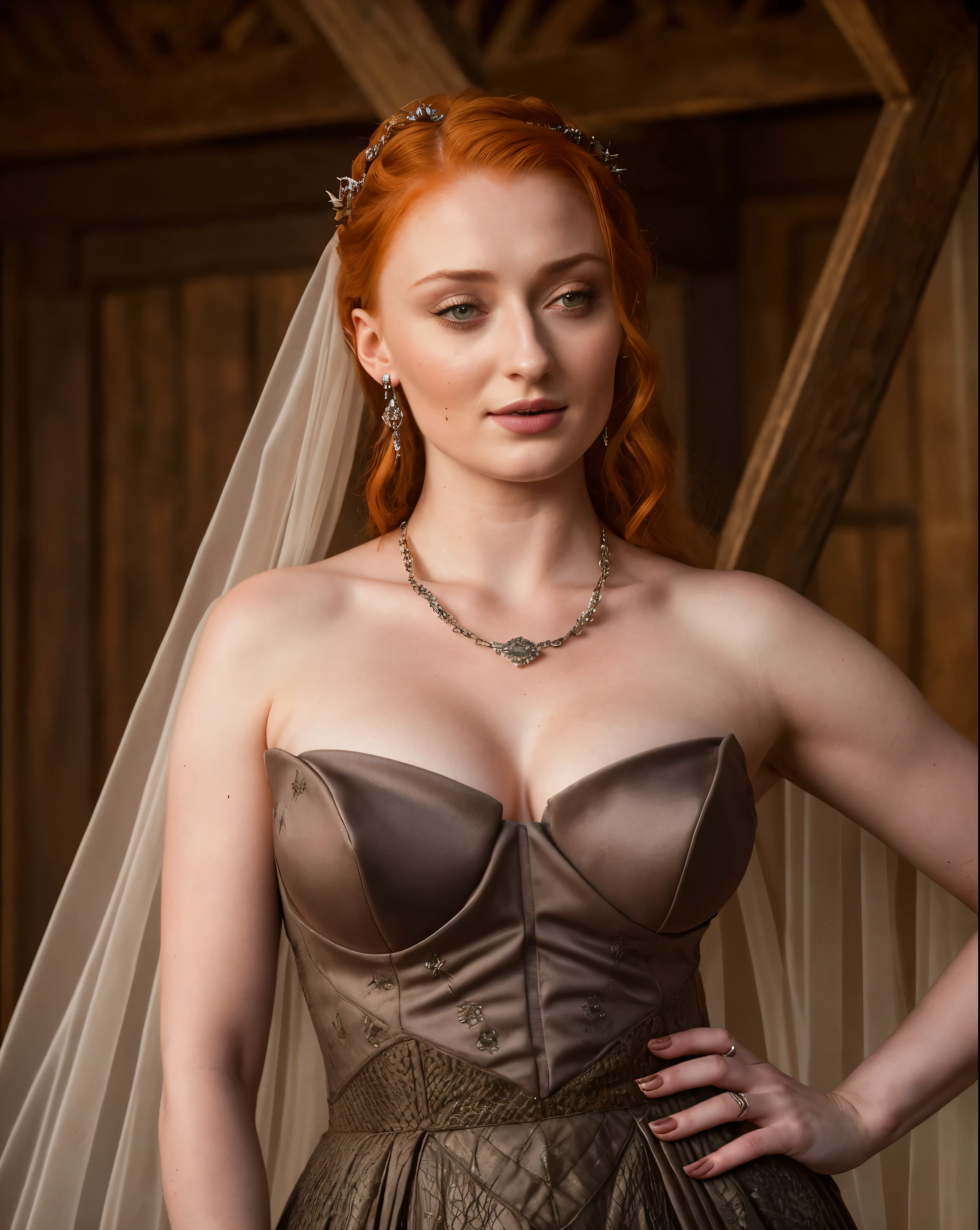 Face of Sophie Turner, Sansa Stark played by Sophie Turner, the de facto Lady of the Eyrie, is a 40-year-old mature queen with a stunning, alluring appearance. Full Face, pierced eyes, reddish lips, upper body shot, erotic Mediaeval costumes, game of thrones costumes, She wears a Game of Thrones-inspired costume and has a deep cleavage, a perfect thick body, and a perfect thick figure. The photograph captures her in a close-up, with her skin texture and facial features being ultra-realistic and realistic. Juicy thick figure, high quality skin, Skin pores, amazing details, 