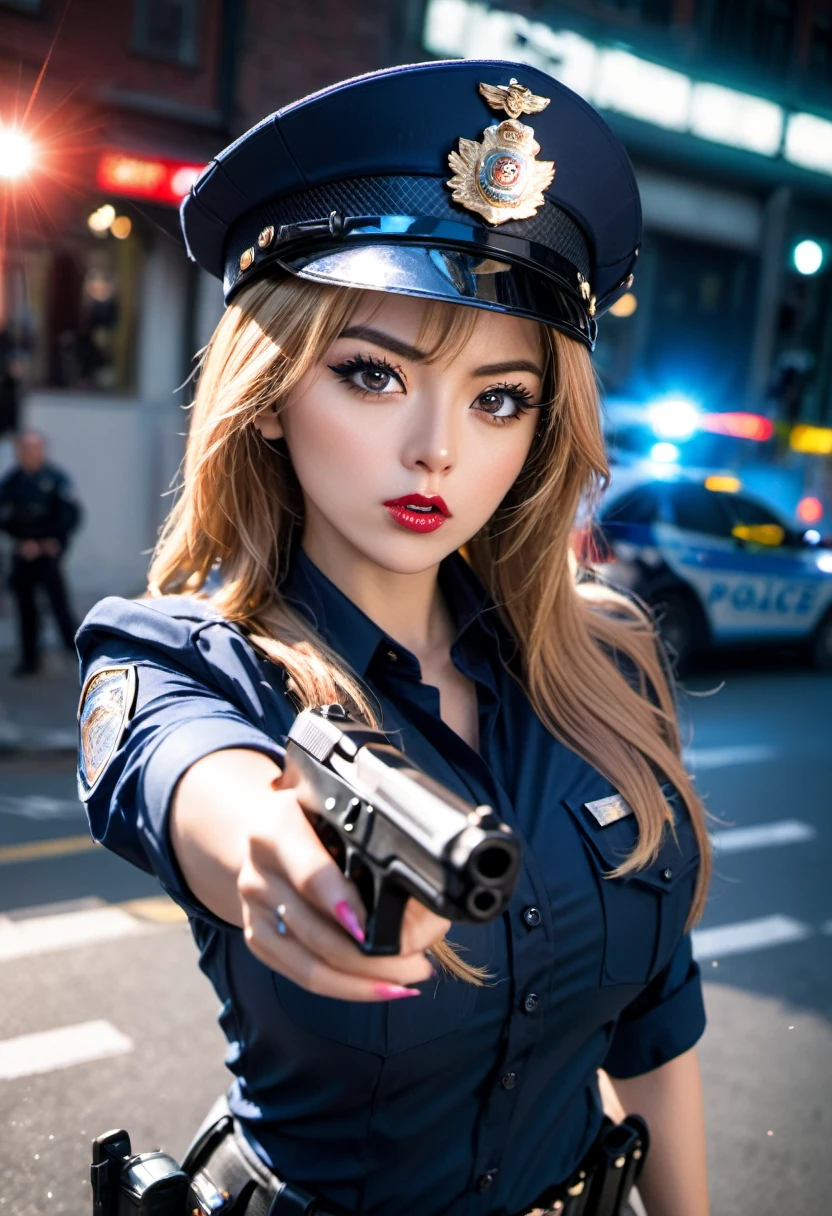 ((Female police officer pointing a gun at the camera: 1.2)), her blouse is very tight, it threatens to open her blouse, tight skirt, gun, fishnet stockings, over the knee boots, gun holster, red long fingernails, long black mascara eyelashes, eye shadow, gloss lipstick, copper blonde long hair, shiny Outfit, V-neck Blouse, in front of a police car, blue light, police cap, energetic facial expression, dynamically dangerous situation, annoyed, licking lips, lens flare, emphasis lines, Eye-Level Shot, Canon, Fujifilm, first-person view, dutch angle, wide shot, atmospheric perspective, cinematic lighting, masterpiece, retina, textured skin, high details