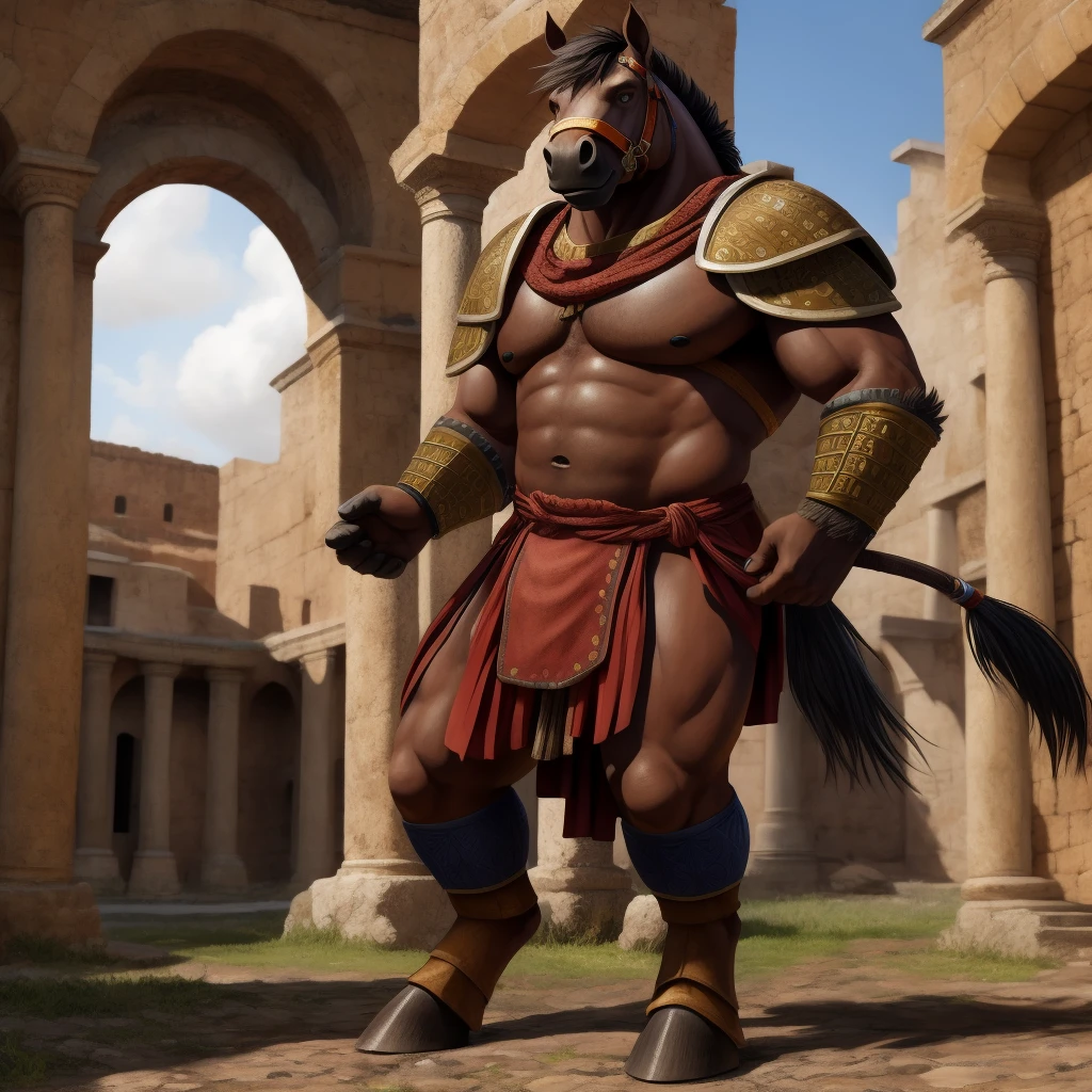  Antro, Furry Brown, Fundoshi [Antro Horse color Bronce brown] , [(roman soldier uniform), (armor) leather skirt], leather skirt, Solo, , [Bulto Male Big], Hooves , (Equine Tail), Detallado 4k, cuerpo completo,  fondo Antigua Roma, pupil Eyes Alta resolucion , Manos Perfectas, 