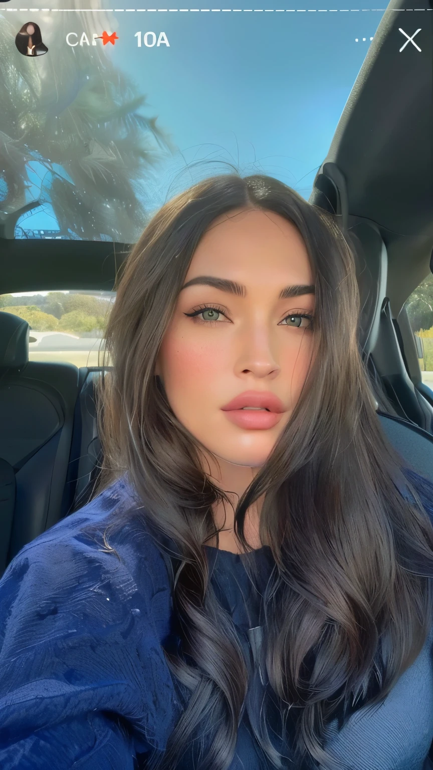 A close-up of a woman with long hair in a car, hermosa cara latina, Megan Fox con mucho maquillaje en los ojos., Carolina Cummings, ella tiene la piel color oliva, violeta myers, megan fox as beautiful mountains, se parece a laura barriales, taken in the early 2020s, imagen de perfil, Joanna Gaines, fotograma de megan fox, labios de megan fox