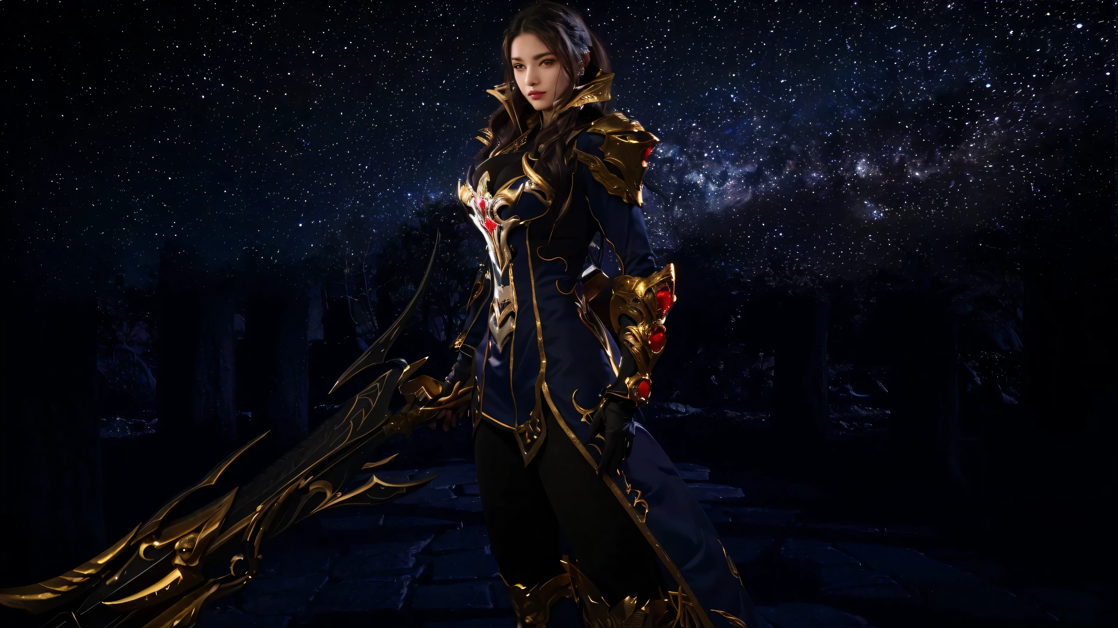 there is a woman in a long dress and a sword in her hand, portrait of a maga feminina, maga feminina!, maga feminina, mulher paladina de fantasia, lindo mago celestial, full view of the black sorceress, dark fantasy female magician, personagem de fantasia hiperdetalhado, personagem bruxa negra, da linhagem 2, pose de corpo inteiro de feiticeira negra