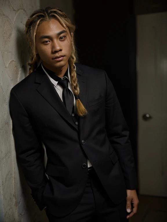 An Asian ager with blonde dreadlocks named Kenji Furuya,And he has tanned dark skin,Wear a black suit,Adult man:1.4, (Big eyes:1.3)