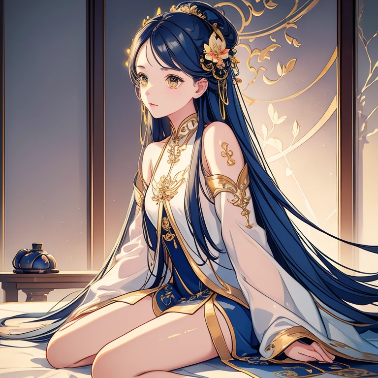 an alone mature girl with long blonde, top not, and yellow eyes sitting on the bed and spread leg , night, High detail mature face, tie hair on the left side, golden eyes, bare leg, bare shoulder, white long dress, arm tattoo, gold necklace, high res, ultra sharp, 8k, masterpiece, smiling, fantasy world, magical radiance background ((Best quality)), ((masterpiece)), 3D, HDR (High Dynamic Range),Ray Tracing, NVIDIA RTX, Super-Resolution, Unreal 5,Subsurface scattering, PBR Texturing, Post-processing, Anisotropic Filtering, Depth-of-field, Maximum clarity and sharpness, Multi-layered textures, Albedo and Specular maps, Surface shading, Accurate simulation of light-material interaction, Perfect proportions, Octane Render, Two-tone lighting, Wide aperture, Low ISO, White balance, Rule of thirds,8K RAW, Aura, masterpiece, best quality, Mysterious expression, magical effects like sparkles or energy, flowing robes or enchanting attire, mechanic creatures or mystical background, rim lighting, side lighting, cinematic light, ultra high res, 8k uhd, film grain, best shadow, delicate, RAW, light particles, detailed skin texture, detailed cloth texture, beautiful face,
(masterpiece), best quality, expressive eyes, perfect face,