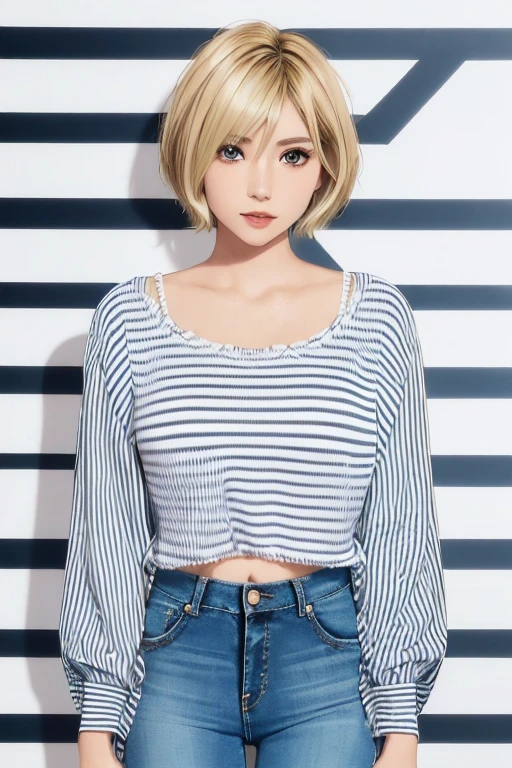 (wearing a striped shirt and tight jeans) (1Girl, short blonde hair that's cropped close to her head), sexy, beautiful