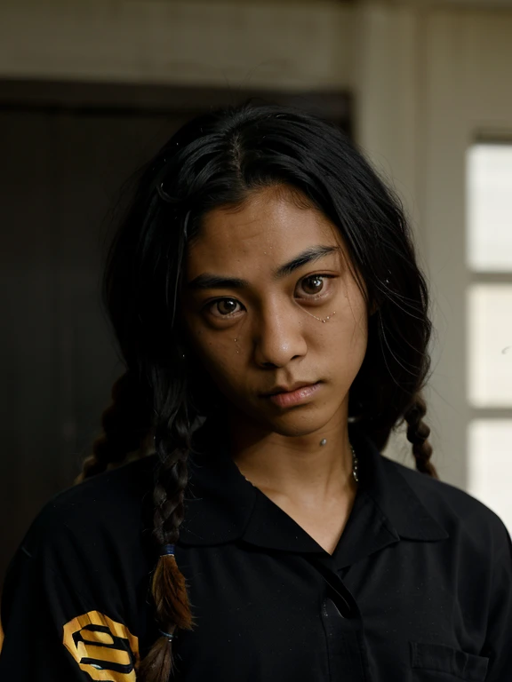 An Asian teenager with dreadlocks named Kenji Furuya,And he has tanned dark skin,Wear a black suit,Adult man:1.4, (Big eyes:1.3)