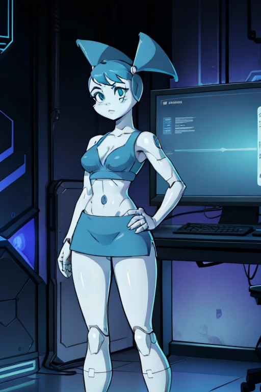 jenny wakeman sexy cyberpunk robot, standing in a white laboratory, connected to multiple straws, top azul, saia azul, todo fundo cromado, sem roupas