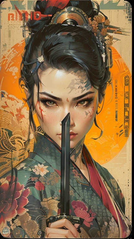 a close up of a woman holding a knife in her hand, martin ansin, martin ansin artwork portrait, very beautiful cyberpunk samurai, joao ruas, cyberpunk geisha, artgerm and tom bagshaw, japanese inspired poster, japanese art style, alena aenami and artgerm, katana, ruan jia and joao ruas