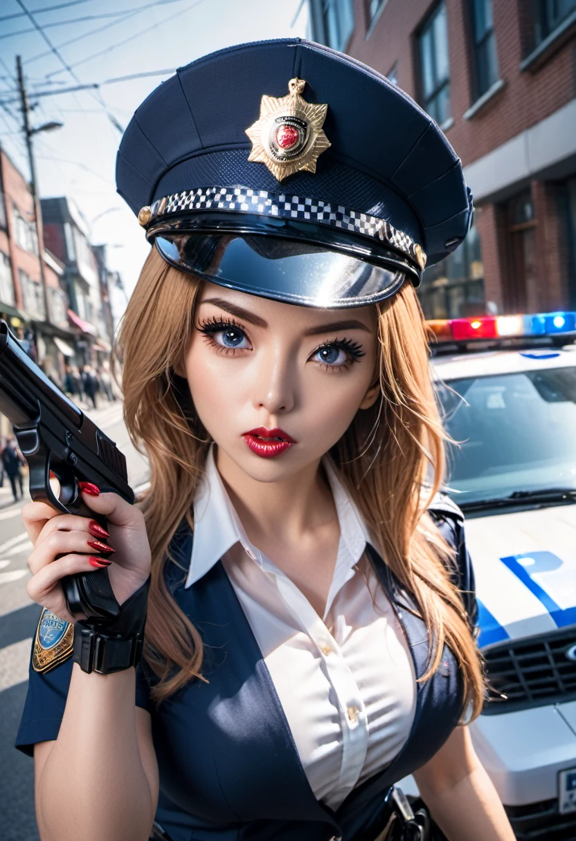 ((Female police officer pointing a gun at the camera: 1.2)), her blouse is very tight, it threatens to open her blouse, tight skirt, gun, fishnet stockings, over the knee boots, gun holster, red long fingernails, long black mascara eyelashes, eye shadow, gloss lipstick, copper blonde long hair, shiny Outfit, V-neck Blouse, in front of a police car, blue light, police cap, energetic facial expression, dynamically dangerous situation, annoyed, licking lips, lens flare, emphasis lines, Eye-Level Shot, Canon, Fujifilm, first-person view, dutch angle, wide shot, atmospheric perspective, cinematic lighting, masterpiece, retina, textured skin, high details