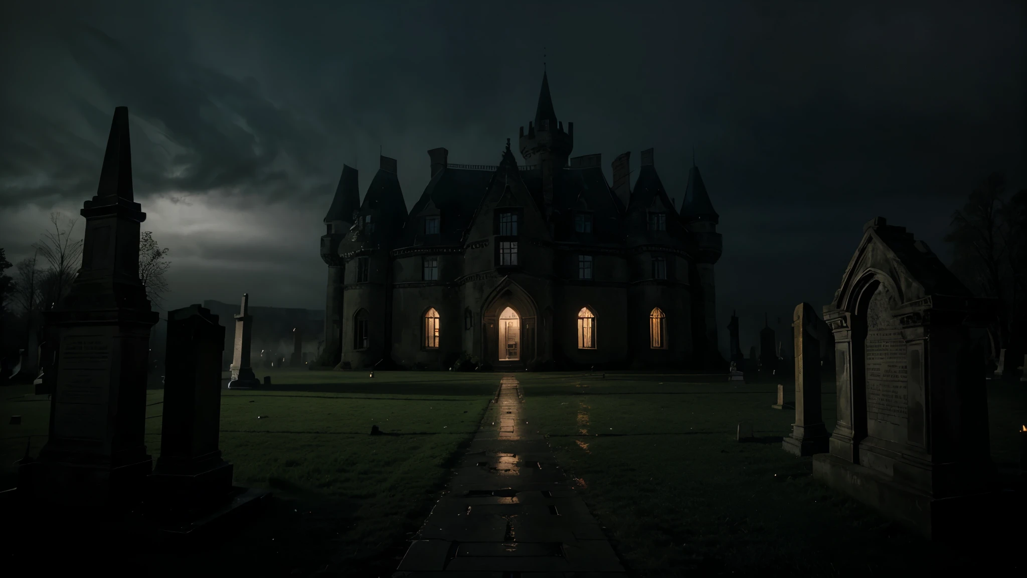 Castle in a Very Macabre cemetery. It's night and the sky is dark, completely cloudy, and there is fog in the place. The floor is a little wet.