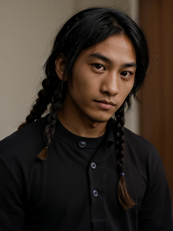 An Asian teenager with dreadlocks named Kenji Furuya,And he has tanned dark skin,Wear a black suit,(Adult man:1.4), (Big eyes:1.3),(Small nose:1.3)