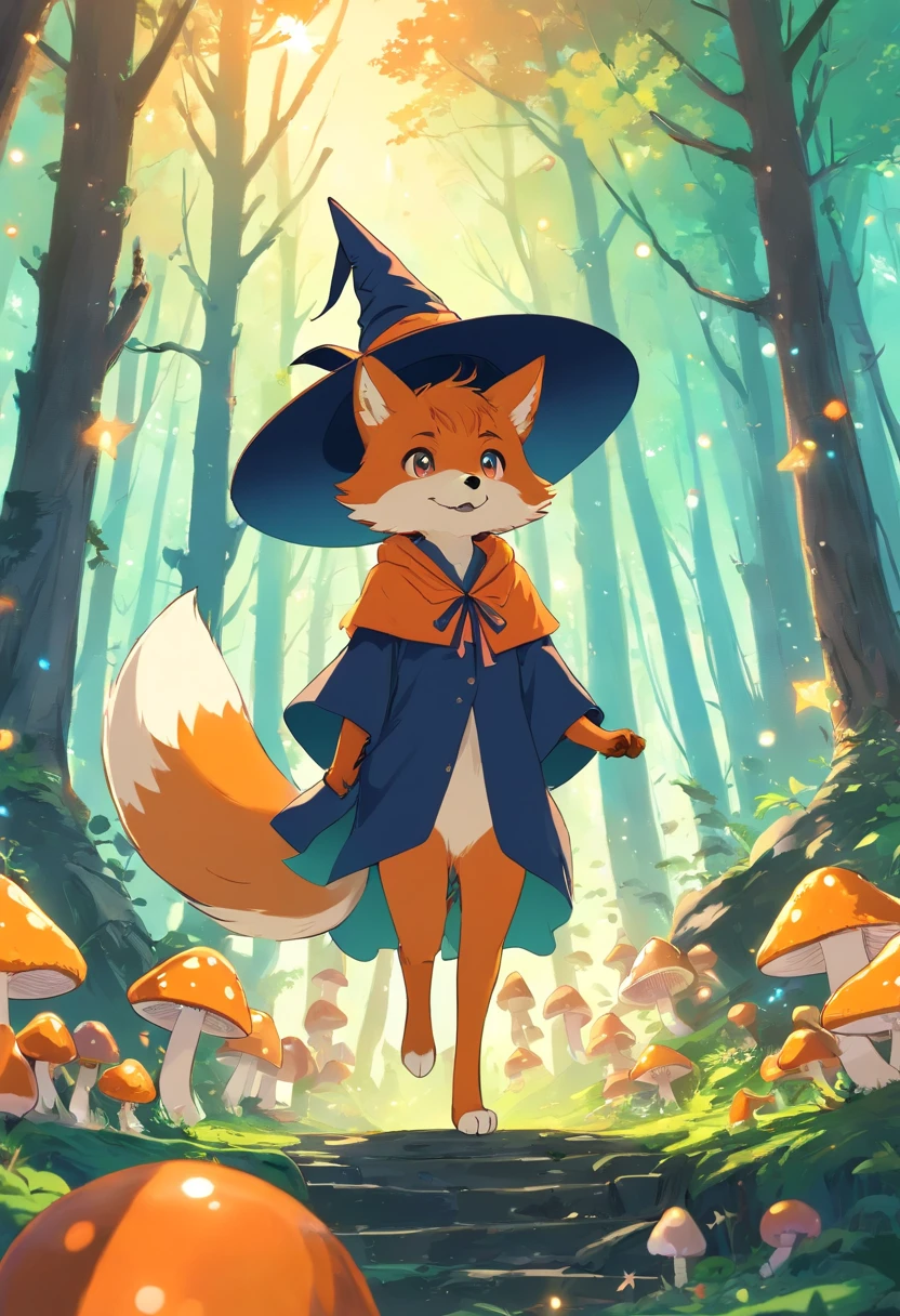 Orange fox (animal) wearings a witch hat in a magical forest surrounded by mushrooms and colorful balls of magic