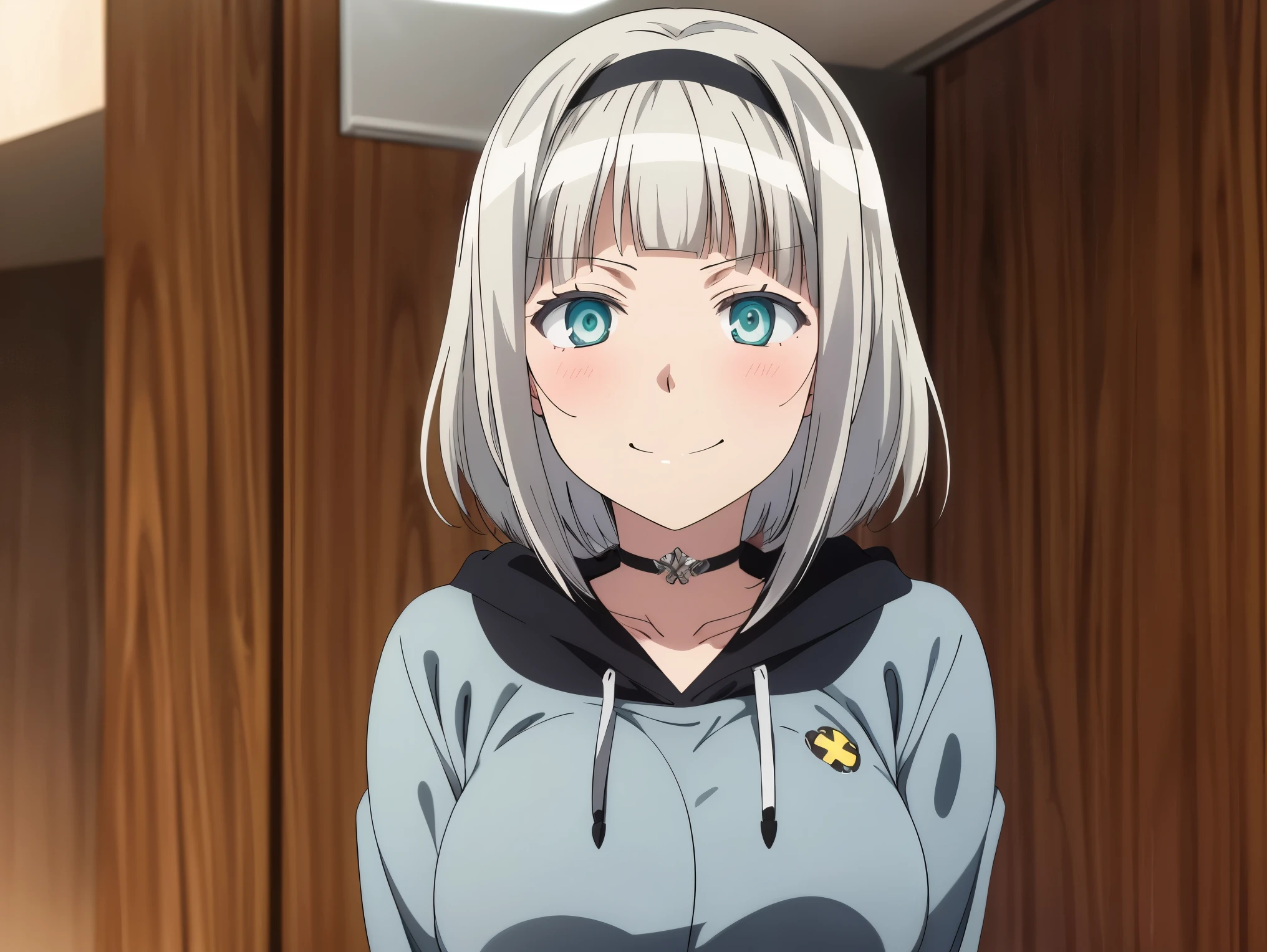 AnnaNishikinomiya, white hair, aqua eyes, short hair, black hairband, choker, large breasts,r and green hoodie in library, makoto, marin kitagawa fanart, teasing smile, seductive anime girl, roguish smirk, makoto shinka, oppai, shinkai makoto, attractive anime girl, illustrious makinami, in an anime style, shirobako, rin, yayoi kasuma, anime best girl