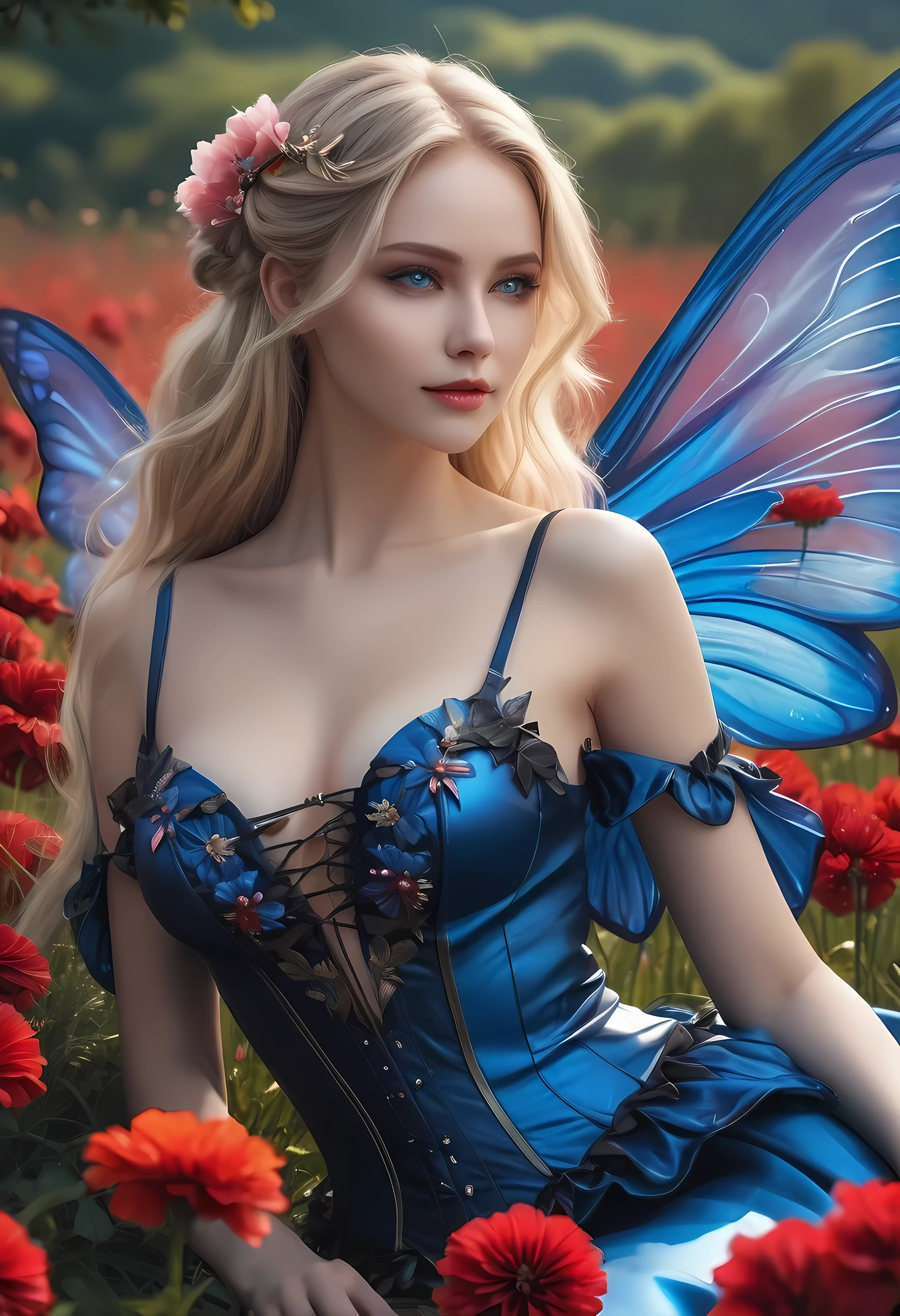 high details, best quality, 16k, RAW, [best detailed], masterpiece, best quality, (extremely detailed), full body, ultra wide shot, photorealistic, dark fantasy art, goth art, RPG art, D&D art, a picture of a dark female fairy resting in a flower meadow, extremely beautiful fairy, ultra feminine (intense details, Masterpiece, best quality), best detailed face (intense details, Masterpiece, best quality), having wide butterfly wings, spread butterfly wings (intense details, Masterpiece, best quality: 1.3), (blue: 1.5)  colors wings (intense details, Masterpiece, best quality), (blond) hair, long hair, shinning hair, flowing hair, shy smile, innocent smile, (red: 1.3) eyes, dark blue lips, wearing [azure] dress latex corset (intense details, Masterpiece, best quality), dynamic elegant shirt, chocker, wearing (blue: 1.3) high heels, in various shades of red colored flower meadow (intense details, Masterpiece, best quality), (red flowers: 1.2) , (black flowers: 1.2), (white flowers: 1.2), (blue flowers: 1.3) [extreme many flowers] (intense details, Masterpiece, best quality), dark colorful flowers (intense details, Masterpiece, best quality), flower meadow in a dark goth field background, dim light, cinematic light, High Detail, Ultra High Quality, High Resolution, 16K Resolution, Ultra HD Pictures, 3D rendering Ultra Realistic, Clear Details, Realistic Detail, Ultra High Definition, #chinese cloth, dungeons and dragons, DonMDr4g0nXL