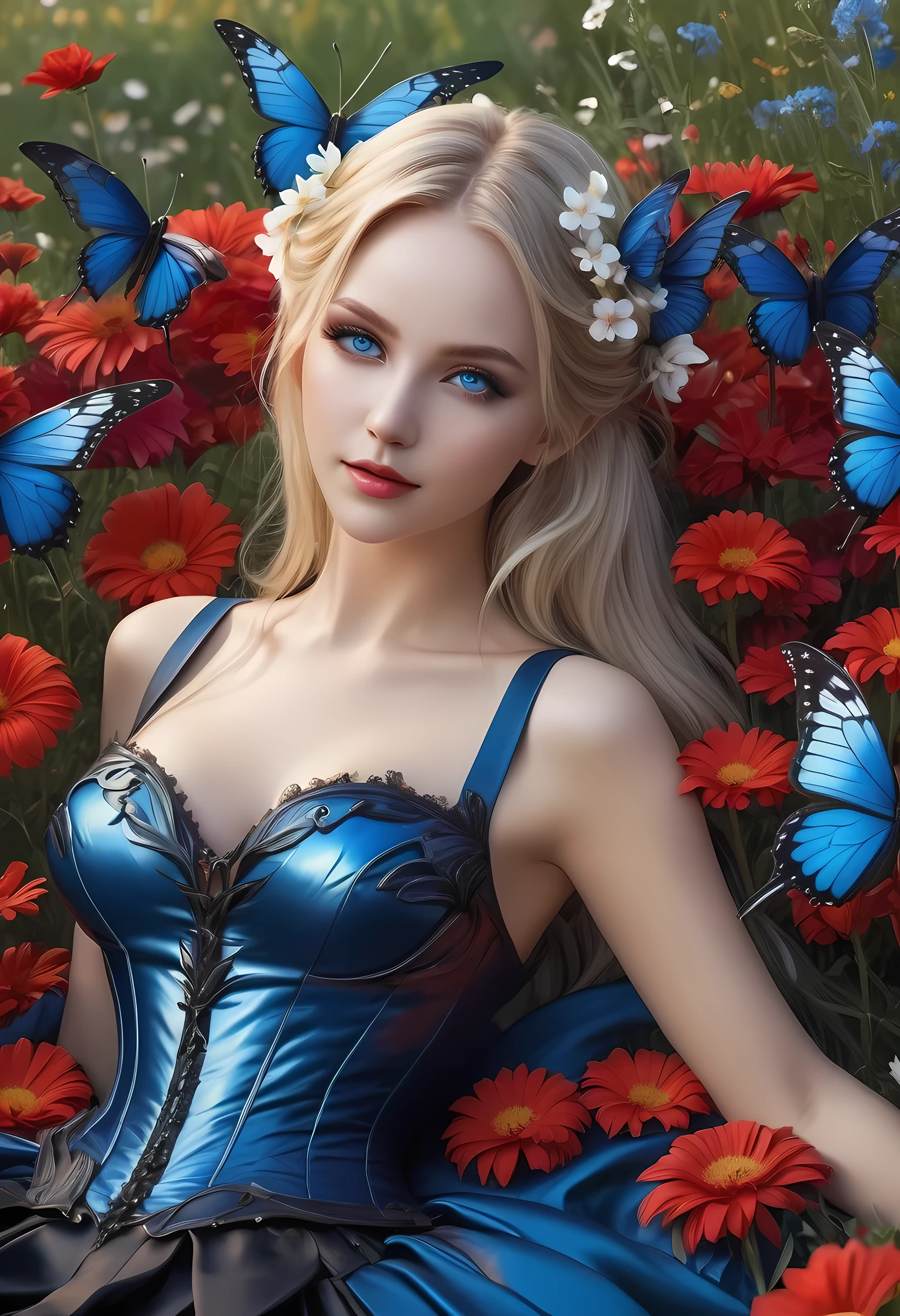 high details, best quality, 16k, RAW, [best detailed], masterpiece, best quality, (extremely detailed), full body, ultra wide shot, photorealistic, dark fantasy art, goth art, RPG art, D&D art, a picture of a dark female fairy resting in a flower meadow, extremely beautiful fairy, ultra feminine (intense details, Masterpiece, best quality), best detailed face (intense details, Masterpiece, best quality), having wide butterfly wings, spread butterfly wings (intense details, Masterpiece, best quality: 1.3), (blue: 1.5)  colors wings (intense details, Masterpiece, best quality), (blond) hair, long hair, shinning hair, flowing hair, shy smile, innocent smile, (red: 1.3) eyes, dark blue lips, wearing [azure] dress latex corset (intense details, Masterpiece, best quality), dynamic elegant shirt, chocker, wearing (blue: 1.3) high heels, in various shades of red colored flower meadow (intense details, Masterpiece, best quality), (red flowers: 1.2) , (black flowers: 1.2), (white flowers: 1.2), (blue flowers: 1.3) [extreme many flowers] (intense details, Masterpiece, best quality), dark colorful flowers (intense details, Masterpiece, best quality), flower meadow in a dark goth field background, dim light, cinematic light, High Detail, Ultra High Quality, High Resolution, 16K Resolution, Ultra HD Pictures, 3D rendering Ultra Realistic, Clear Details, Realistic Detail, Ultra High Definition, #chinese cloth, dungeons and dragons, DonMDr4g0nXL