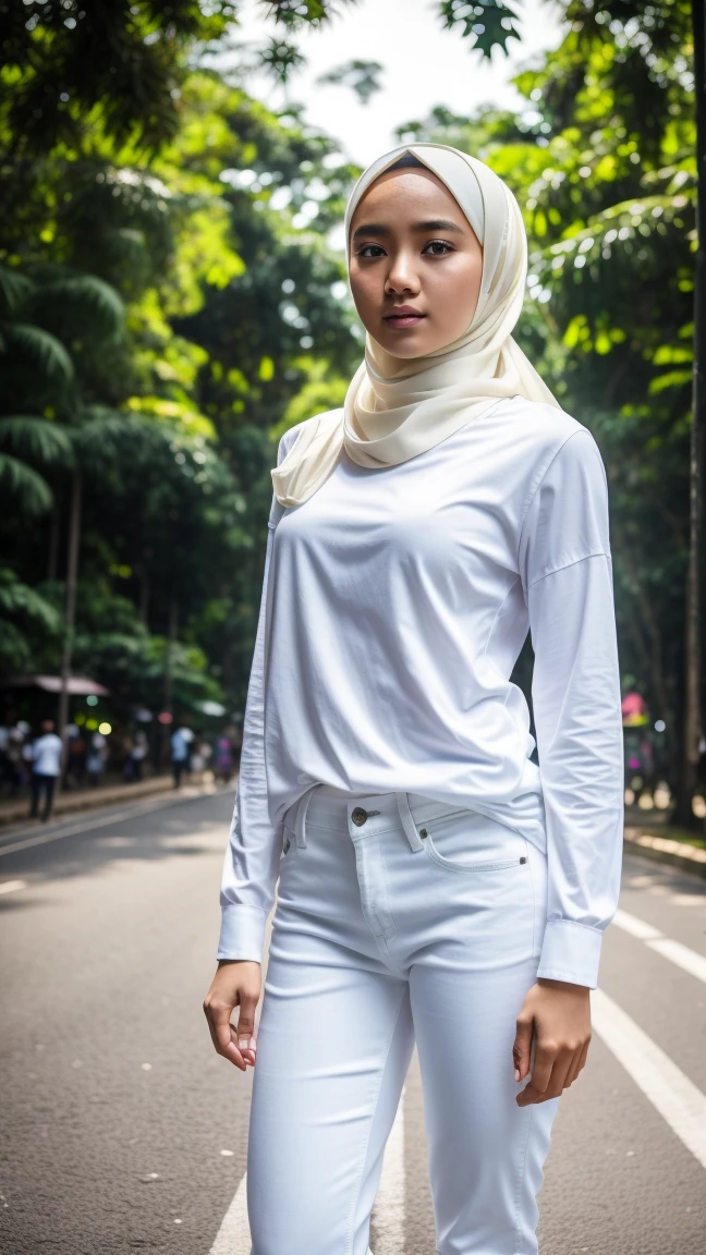 Picture taken with Sony A7RIV, realistic, 8K, Hi-Res picture, masterpiece, perfect shoot, detailed complicated background, Gorgeous twenty years old Indonesian girl, natural body, wearing white hijab, white long sleeve t-shirt, denim pants, stand, crossroad in Jakarta 