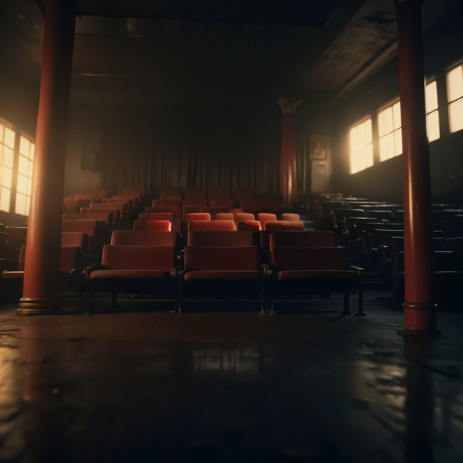 there is a room with red chairs and a large window, masterpiece. rendered in blender, mini amphitheatre, shot on anamorphic lenses, anamorphic cinematography, realistic cinema 4 d render, rendered in cinema4d, rendered in cinema 4 d, cinematic lighting + masterpiece, cinematic render, 15 mm octane render, 360 monoscopic equirectangular