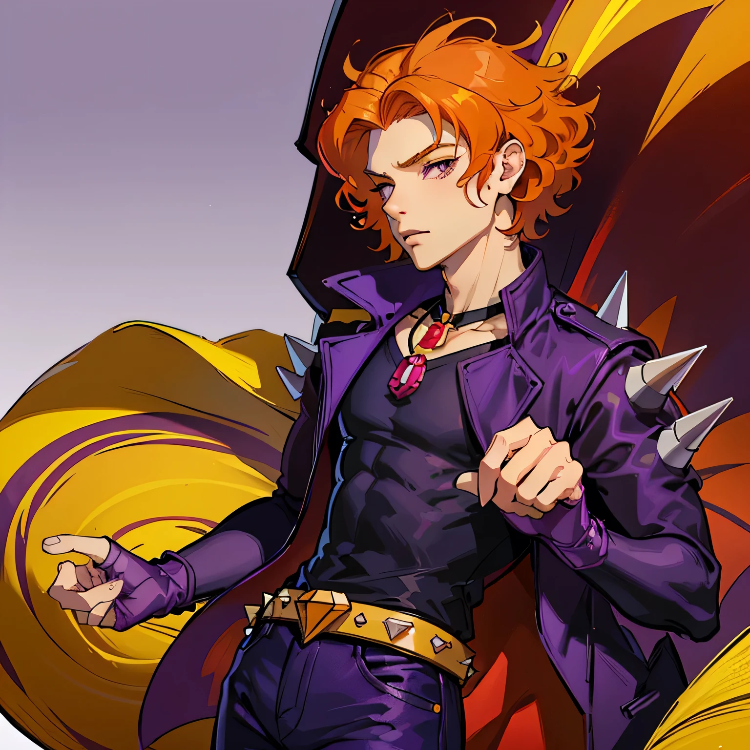 1boy, muscular body, short hair, curly hair, orange hair, magenta eyes, dark purple jacket, purple shirt, purple jeans, spikes, fingerless gloves, belt, jewelry, necklace, red pendant 