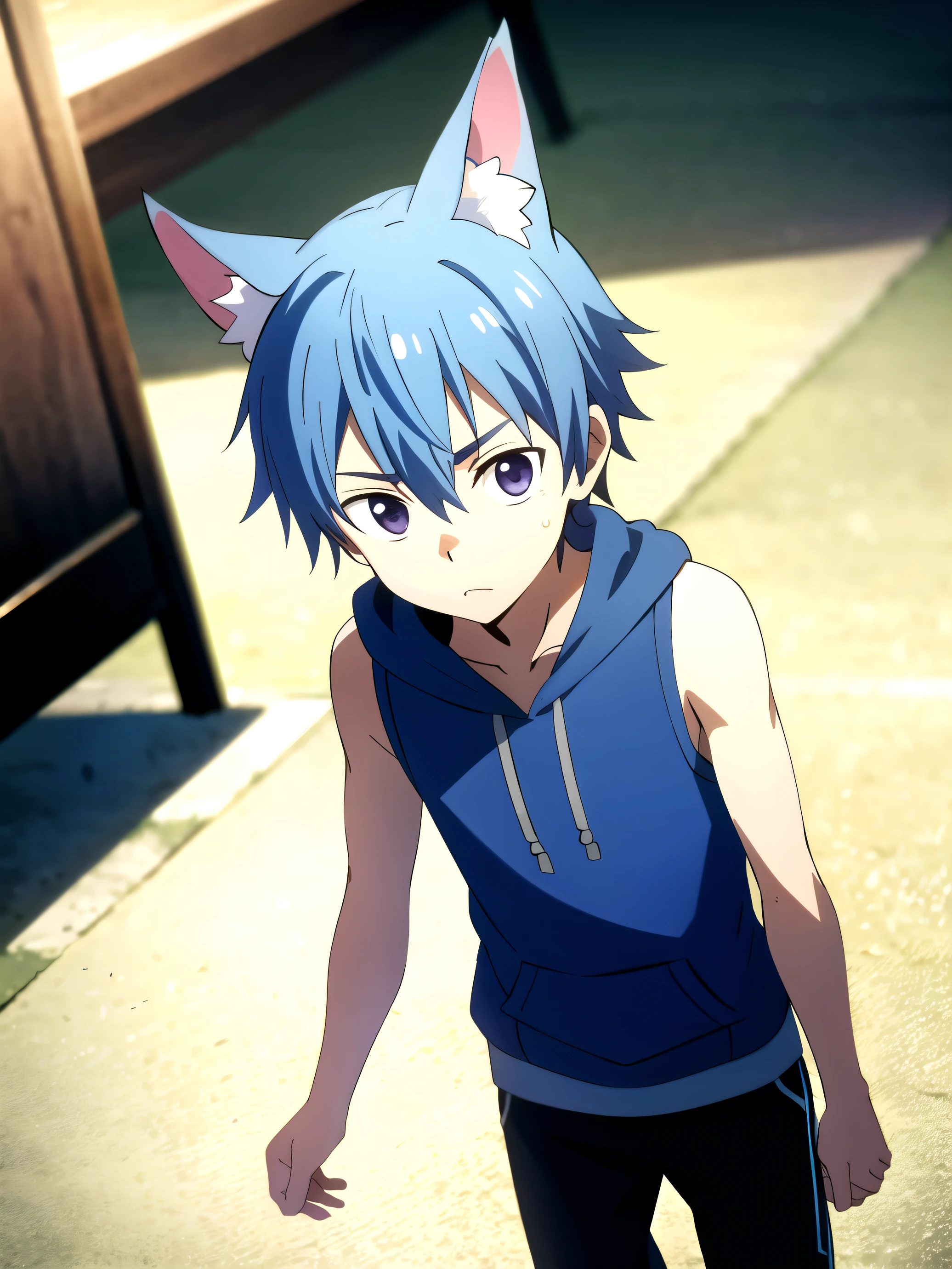 Highres, Masterpiece, Best quality at best,Best Quality,hight quality, hight detailed, 1boy, Blue hair, straight hair, Shota, Dog ear, Sweat, Sleeveless hoodie, Body, Depth of field, Anime Screencap Style, thin line, Seen from above, Cute boy, (very small and short stature), (very young boy), 12-year-old boys, Blurry beckground