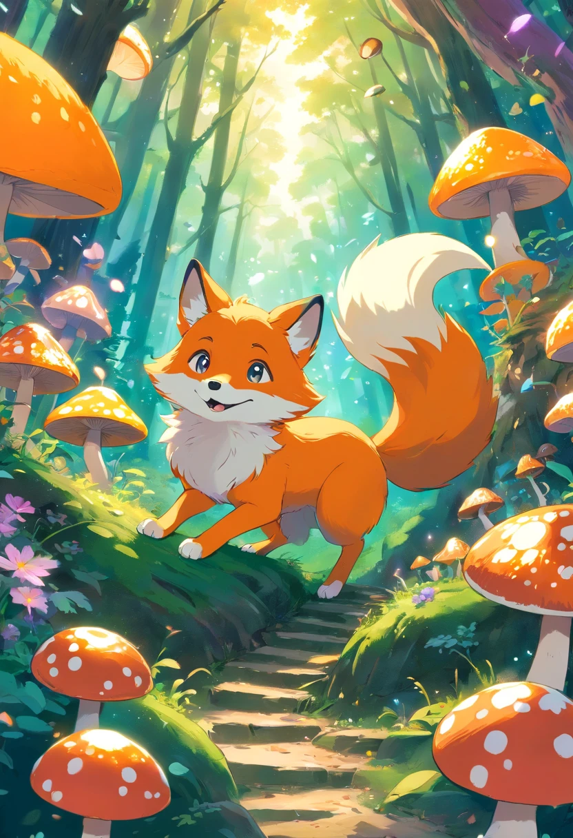 A beautiful orange fox in a magical forest surrounded by mushrooms and colorful balls of magic swirl around behind the fox.