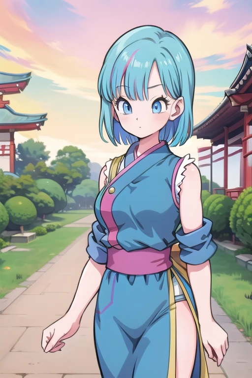 Une femme, 25 ans, mangas, cheveux longs, cheveux multicolores, details, armure de super saiyan, jardin zen, temple japonais