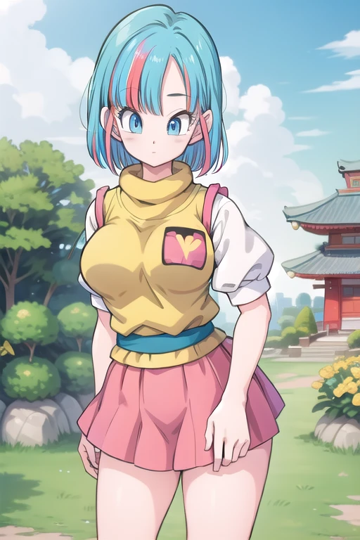 Une femme, 25 ans, mangas, cheveux longs, cheveux multicolores, details, armure de super saiyan, jardin zen, temple japonais