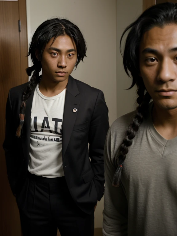 An Asian teenager with dreadlocks named Kenji Furuya,And he has tanned dark skin,Wear a black suit,(Adult man:1.4), (Big eyes:1.3)