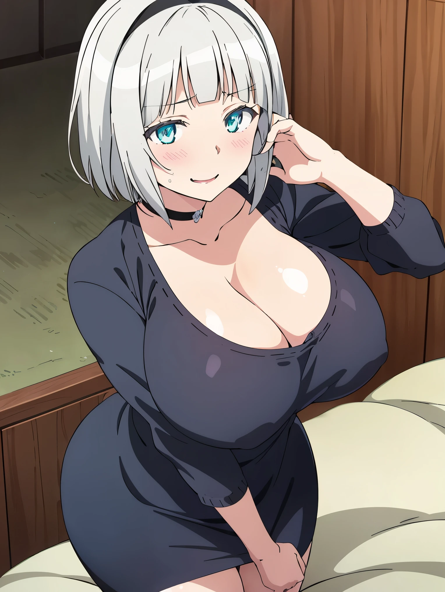 AnnaNishikinomiya, white hair, aqua eyes, short hair, black hairband, choker, large breasts, with big breast laying in bed with her hands on her head, an anime drawing by Shitao, pixiv, shin hanga, seductive anime girl, revealing clothes, teasing smile, makoto shinka, thicc, makoto, oppai, top rated on pixiv, breasts covered and sfw, at pixiv, | fine detail anime