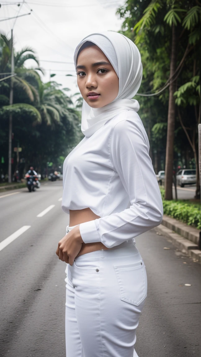 Picture taken with Sony A7RIV, realistic, 8K, Hi-Res picture, masterpiece, perfect shoot, detailed complicated background, Gorgeous twenty years old Indonesian girl, natural body, wearing white hijab, white long sleeve t-shirt, black denim pants, stand, crossroad in Jakarta 