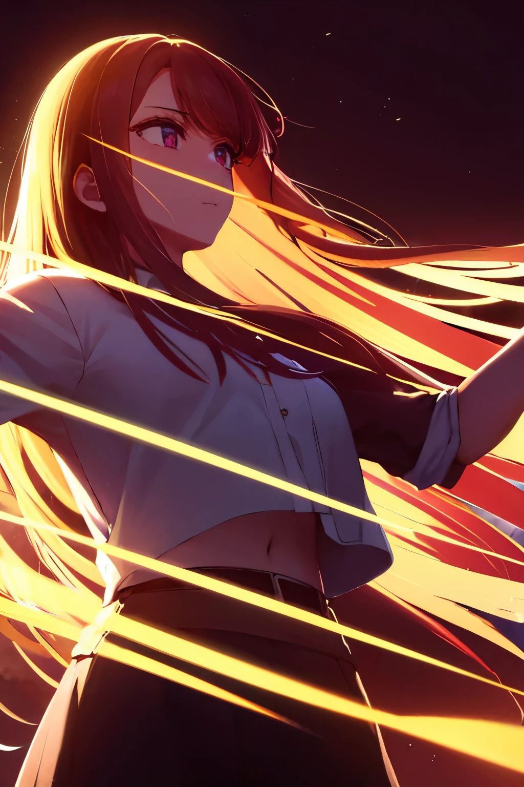 dibujo de oshinoko, parte superior del cuerpo y cabeza, yandere, Bottom angle, Centrarse en mujeres hermosas, perfecta hermosa mujer en solitario, mujer sola, Largo, cabello dorado, Hermoso rostro, locura, manos perfectas, en ojos estrellados color lavanda, uniform, camisa apretada, Detailed lighting, escuela, pechos grandes,